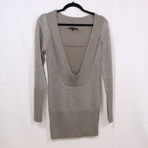 Renuar Glam Sweater Dress 0 Silver Womens Metallic Deep V Neck‎ Knit Mini